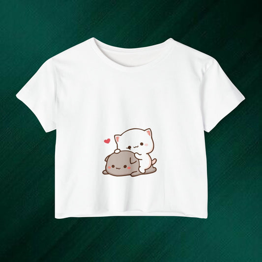 Cute Kawaii Cat Hug Crop Top — Women’s Festival Graphic Tee