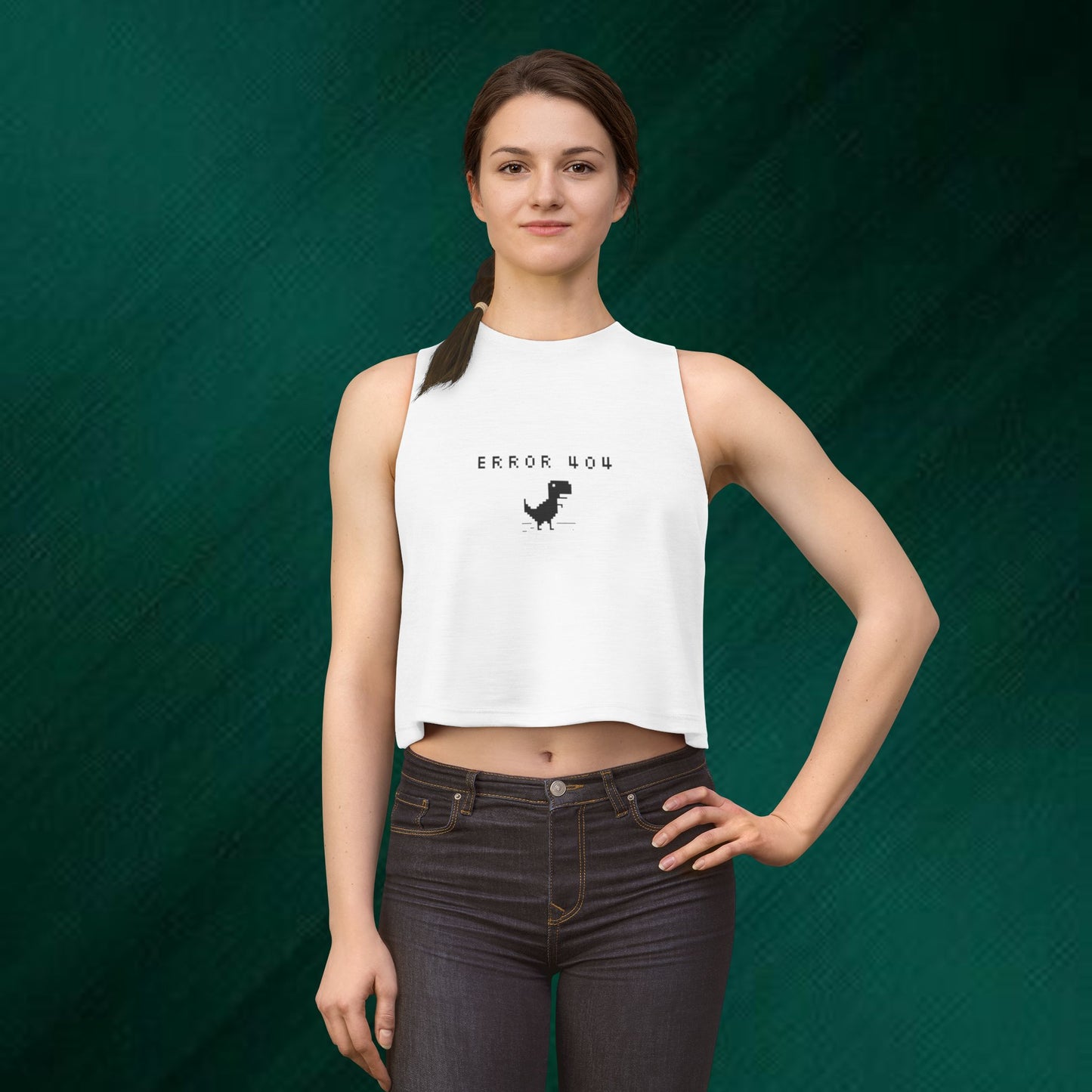 Error 404 Dino Crop Top — Cute Pixel T-Rex Graphic Women’s Tank