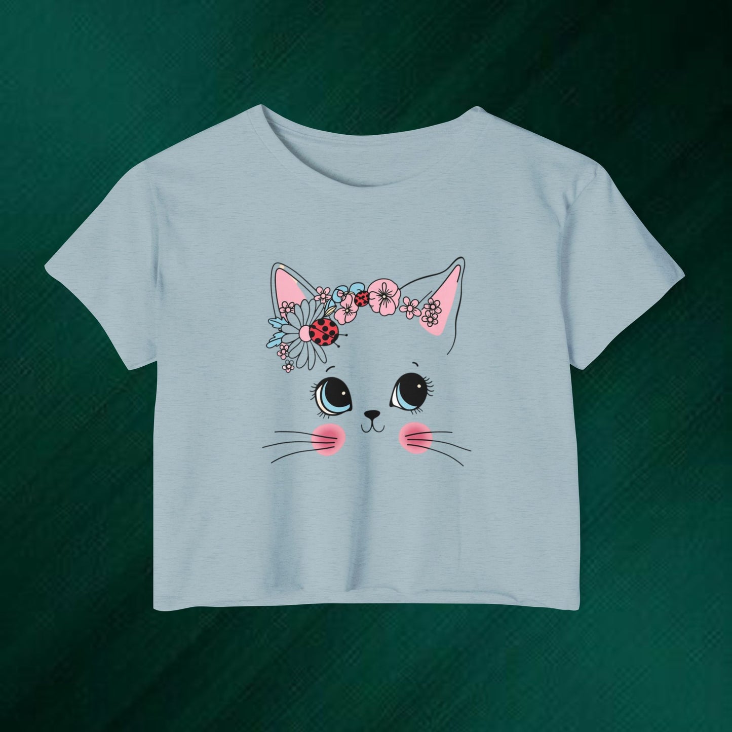 Cute Floral Cat "Meow" Crop Top — Women's Festival Cat Shirt