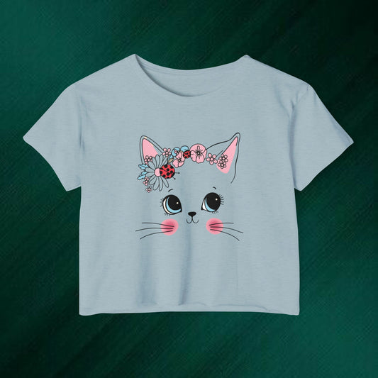 Cute Floral Cat "Meow" Crop Top — Women's Festival Cat Shirt
