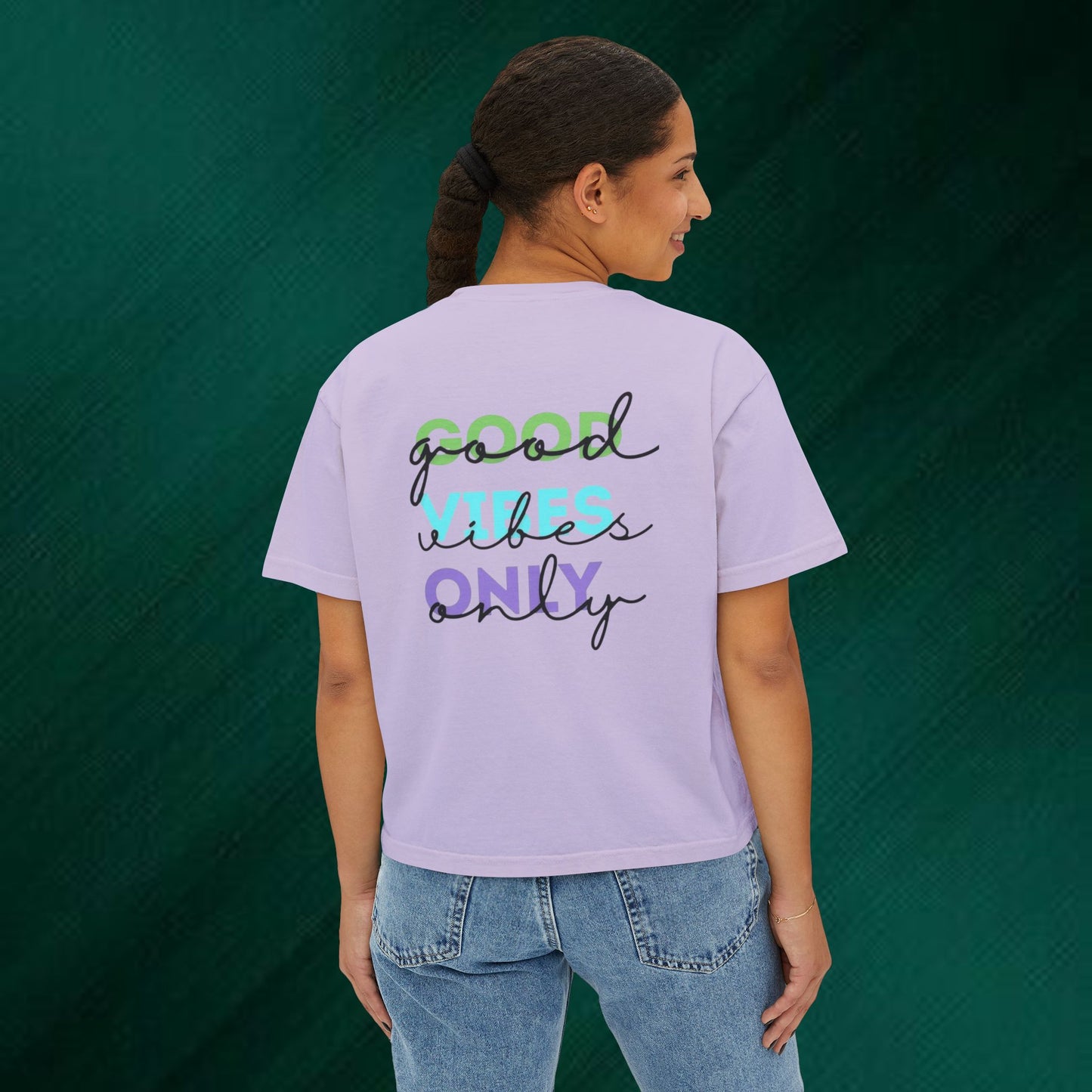 Positive Vibes Boxy Tee — “Good Vibes Only” Graphic Women’s T-Shirt