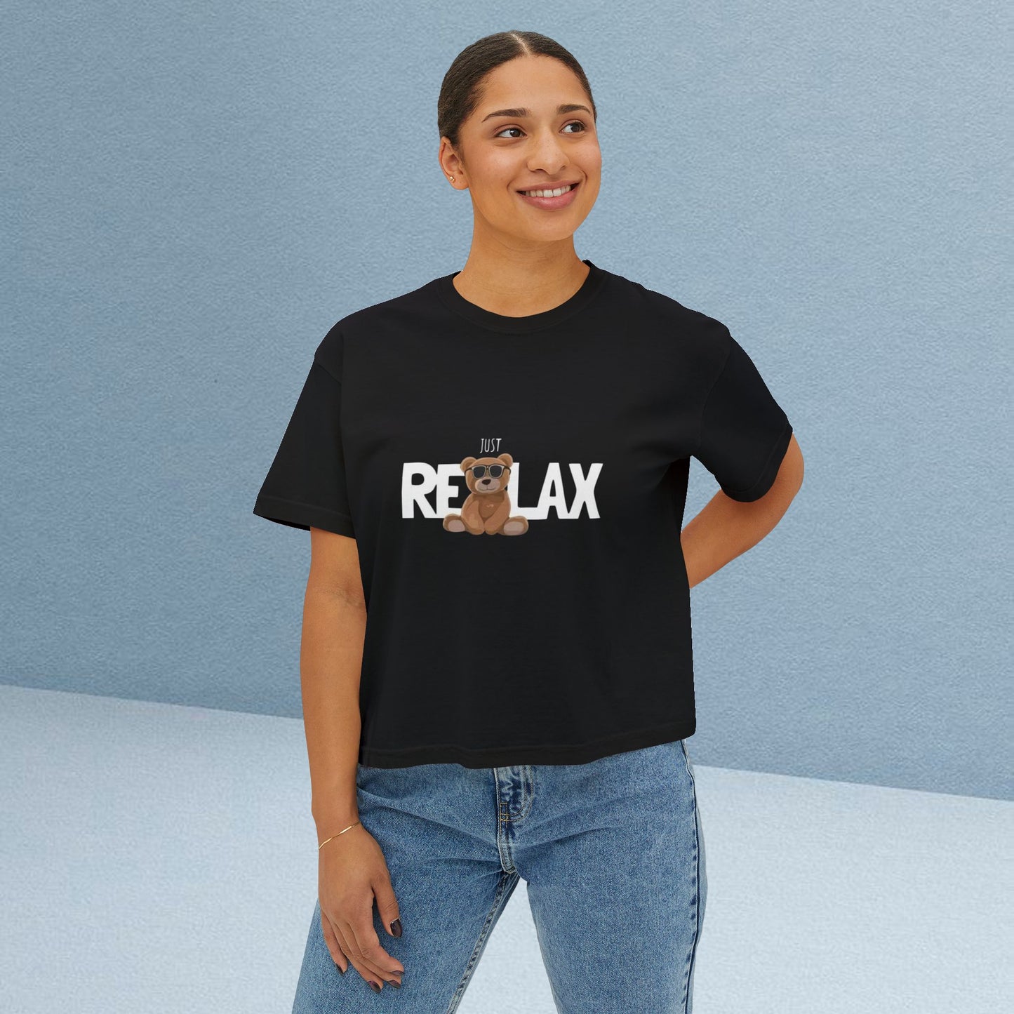 Relax Bear Women's Boxy Tee — Cute 'Relax' Graphic Casual Crop T‑Shirt