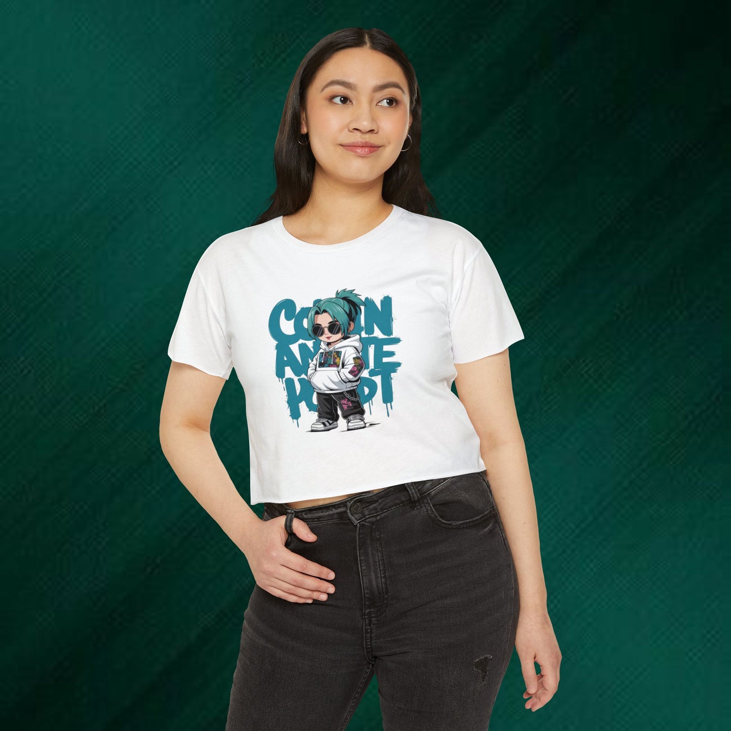 Cartoon Anime Punk Crop Top | Streetwear Character Tee, Graffiti Text