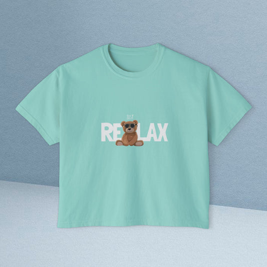 Relax Bear Women's Boxy Tee — Cute 'Relax' Graphic Casual Crop T‑Shirt