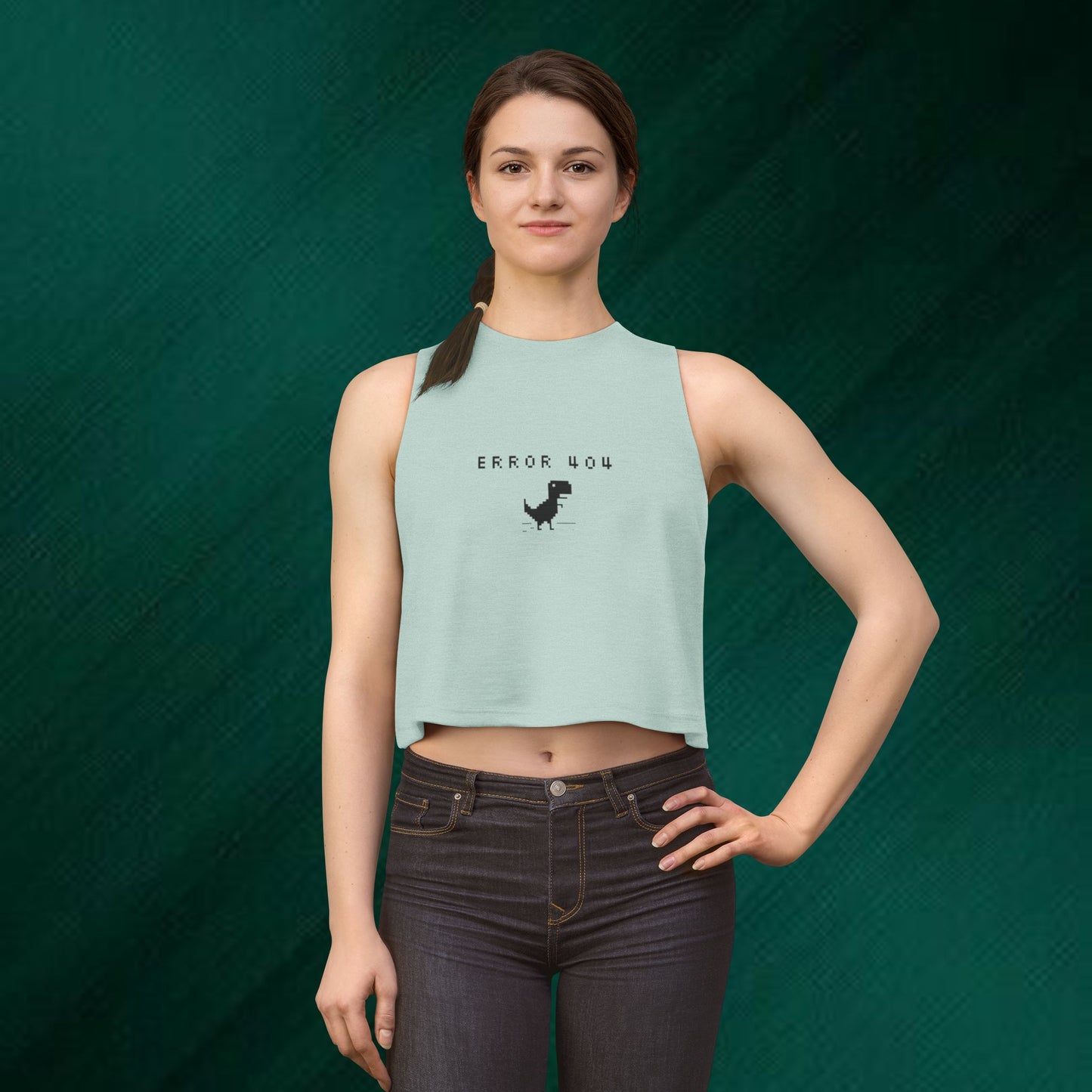 Error 404 Dino Crop Top — Cute Pixel T-Rex Graphic Women’s Tank