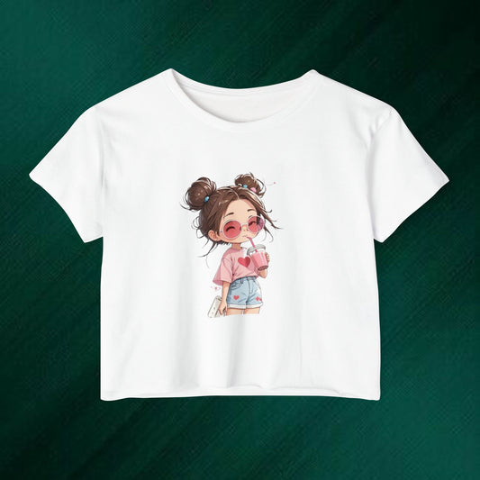 Cute Anime Girl Crop Top — Festival Cute Cartoon Graphic Tee