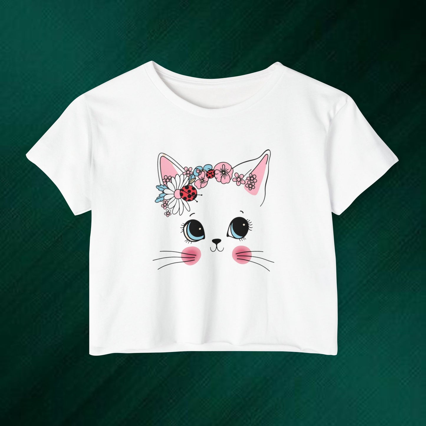 Cute Floral Cat "Meow" Crop Top — Women's Festival Cat Shirt