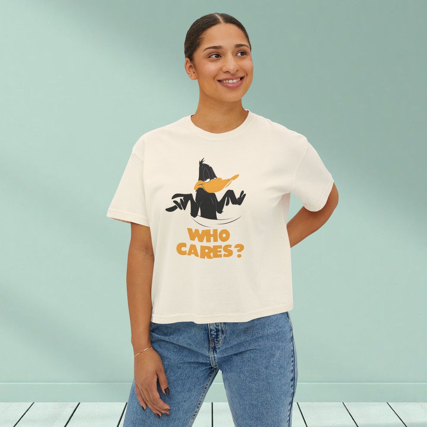Who Cares? Daffy Duck Boxy Tee — Women's Graphic T-Shirt