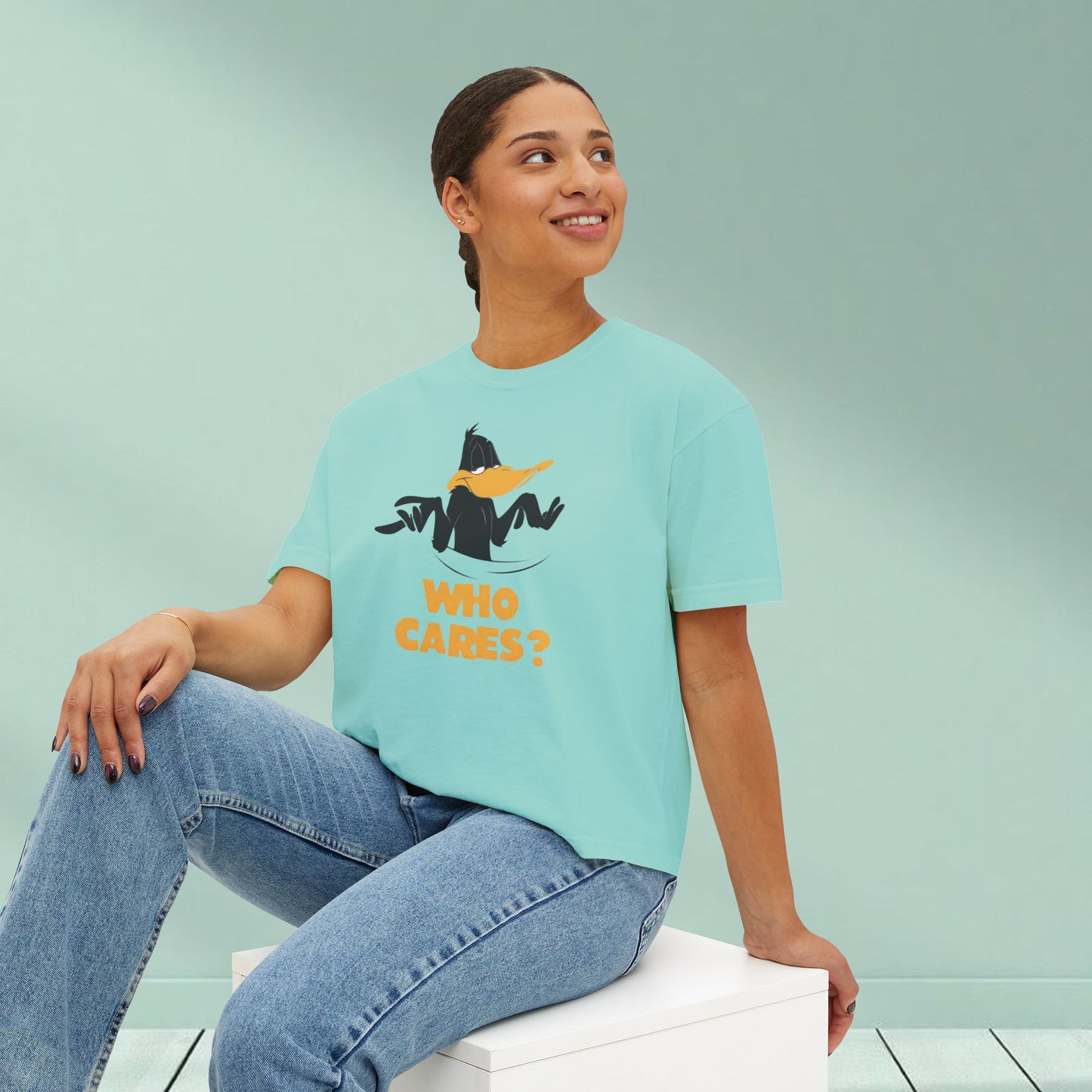 Who Cares? Daffy Duck Boxy Tee — Women's Graphic T-Shirt