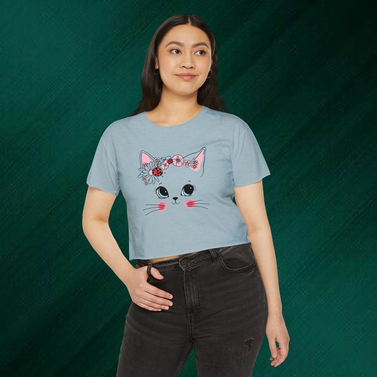 Cute Floral Cat "Meow" Crop Top — Women's Festival Cat Shirt