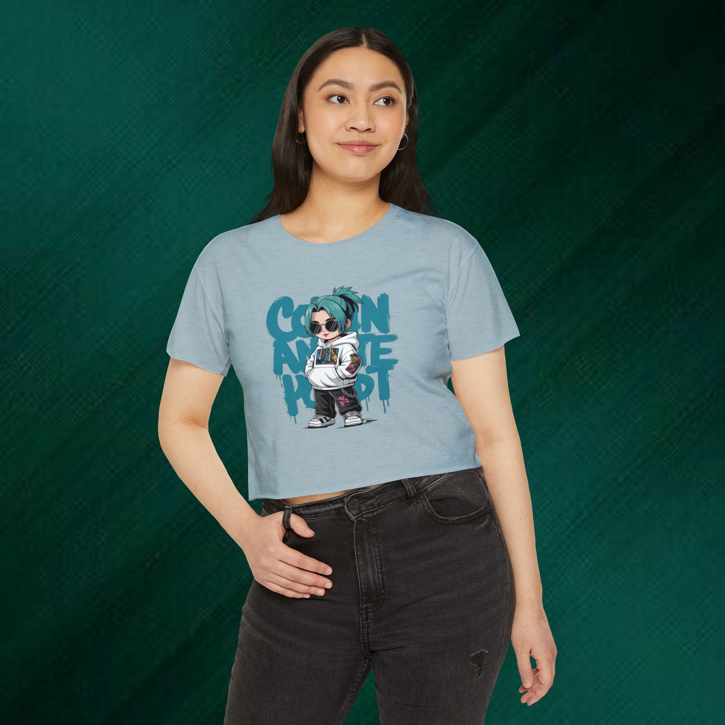 Cartoon Anime Punk Crop Top | Streetwear Character Tee, Graffiti Text