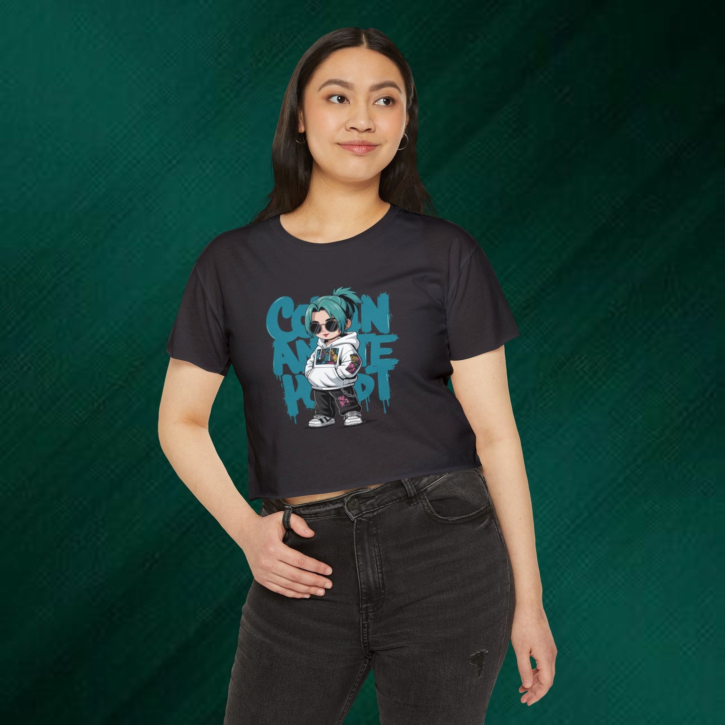 Cartoon Anime Punk Crop Top | Streetwear Character Tee, Graffiti Text