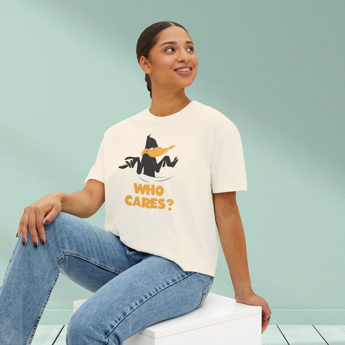 Who Cares? Daffy Duck Boxy Tee — Women's Graphic T-Shirt