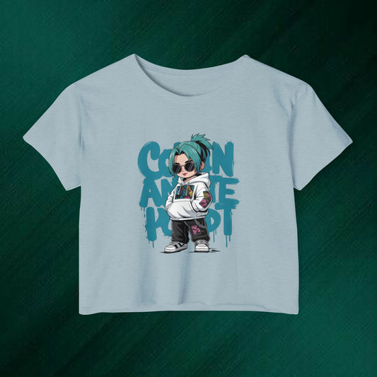 Cartoon Anime Punk Crop Top | Streetwear Character Tee, Graffiti Text