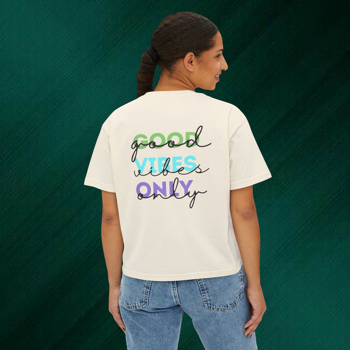 Positive Vibes Boxy Tee — “Good Vibes Only” Graphic Women’s T-Shirt
