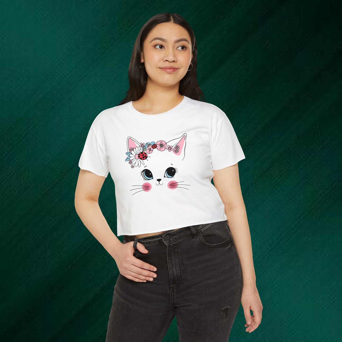 Cute Floral Cat "Meow" Crop Top — Women's Festival Cat Shirt