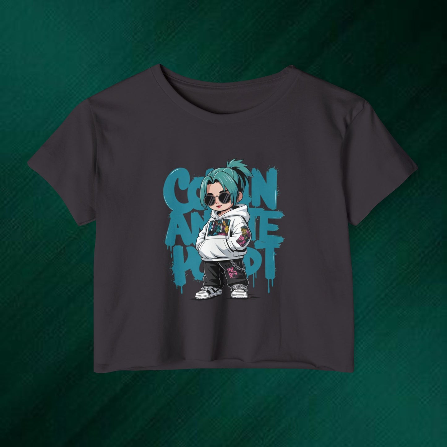 Cartoon Anime Punk Crop Top | Streetwear Character Tee, Graffiti Text