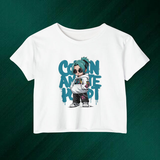 Cartoon Anime Punk Crop Top | Streetwear Character Tee, Graffiti Text